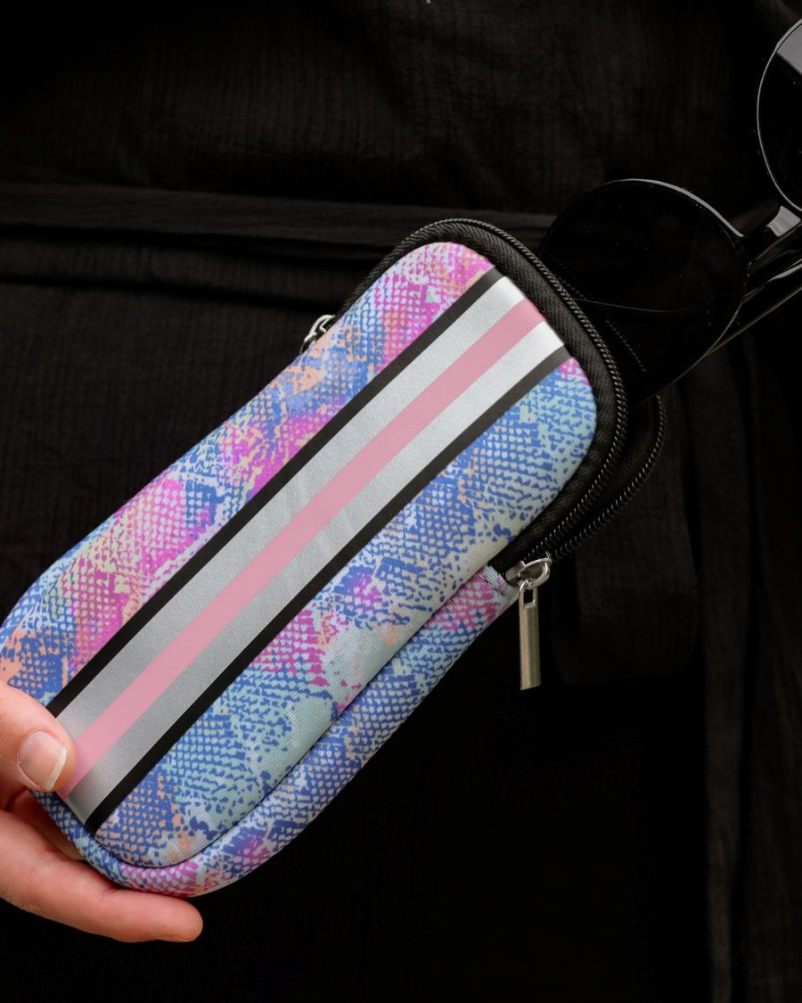 ultra-lightweight sunglasses case made of neoprene with a top double zipper in silver hardware and corresponding racing stripes in multi snake