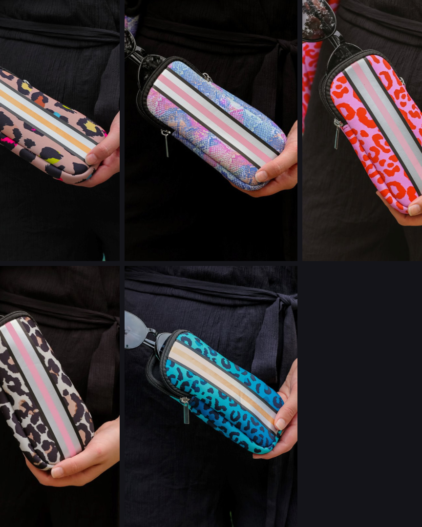 ultra-lightweight sunglasses case made of neoprene with a top double zipper in silver hardware and corresponding racing stripes in multi leopard, multi snake, pink leopard, tan leopard, and turquoise leopard