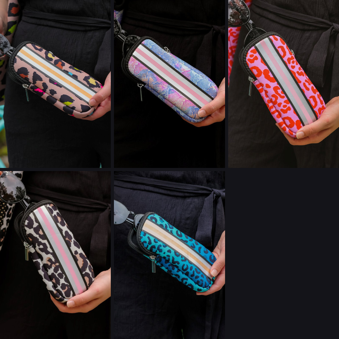 ultra-lightweight sunglasses case made of neoprene with a top double zipper in silver hardware and corresponding racing stripes in multi leopard, multi snake, pink leopard, tan leopard, and turquoise leopard