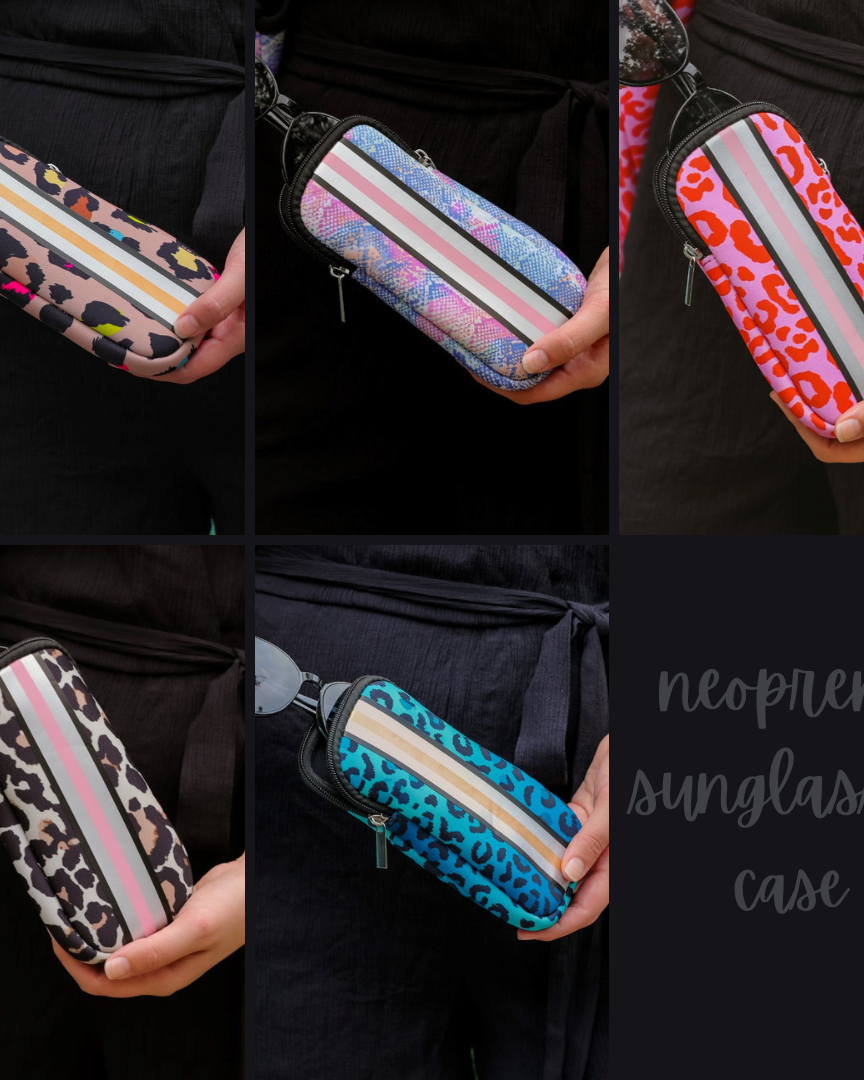 ultra-lightweight sunglasses case made of neoprene with a top double zipper in silver hardware and corresponding racing stripes in multi leopard, multi snake, pink leopard, tan leopard, and turquoise leopard