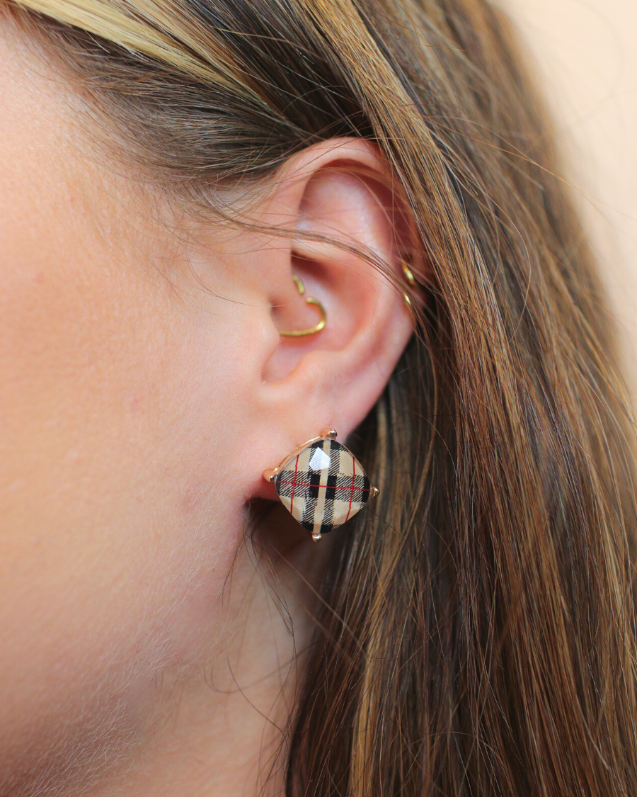 mini square neutral plaid stud earrings with a comfort back earring and a plastic disc stopper in gold