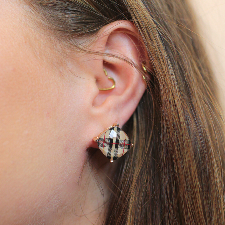 mini square neutral plaid stud earrings with a comfort back earring and a plastic disc stopper in gold