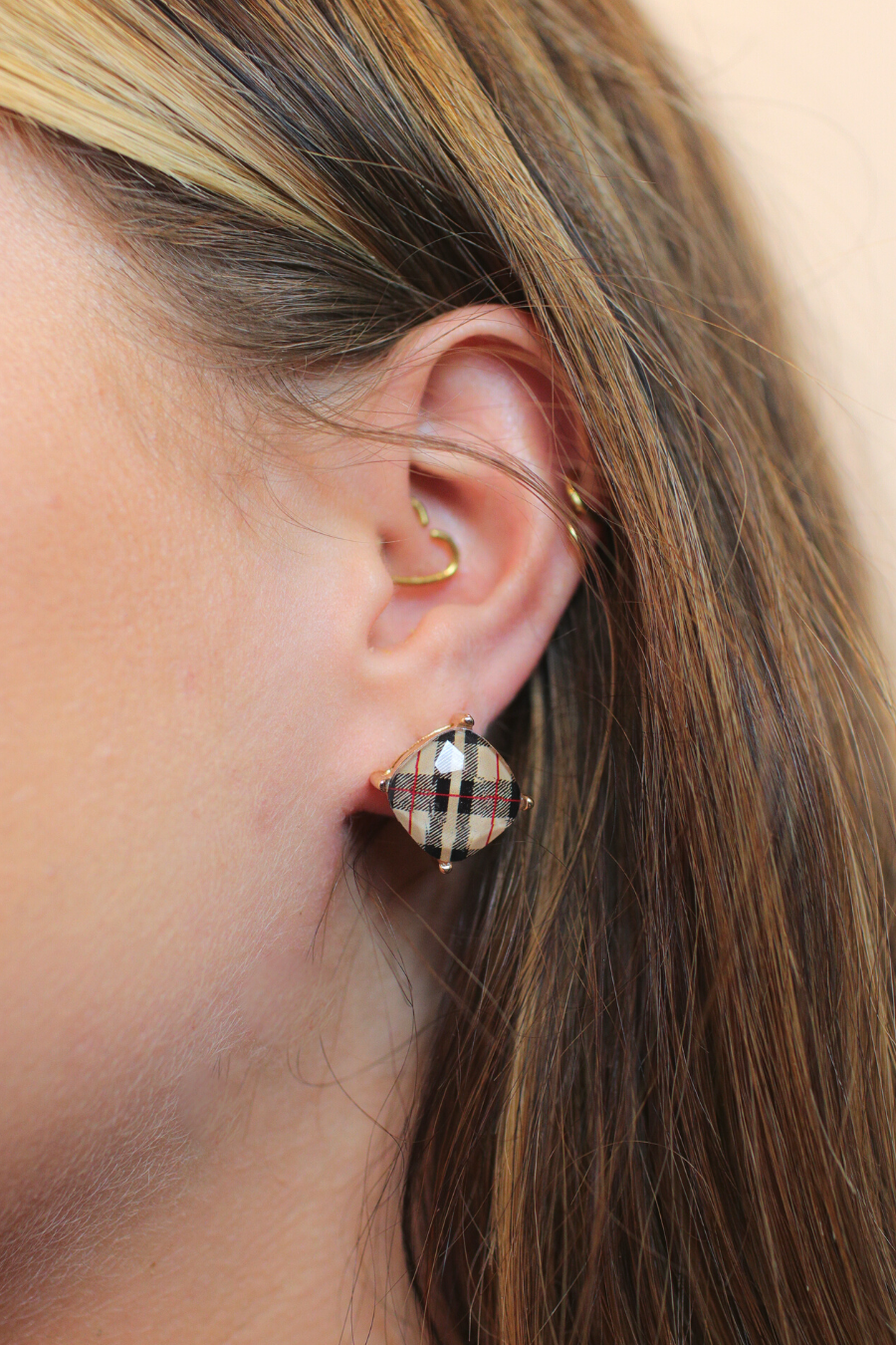 mini square neutral plaid stud earrings with a comfort back earring and a plastic disc stopper in gold