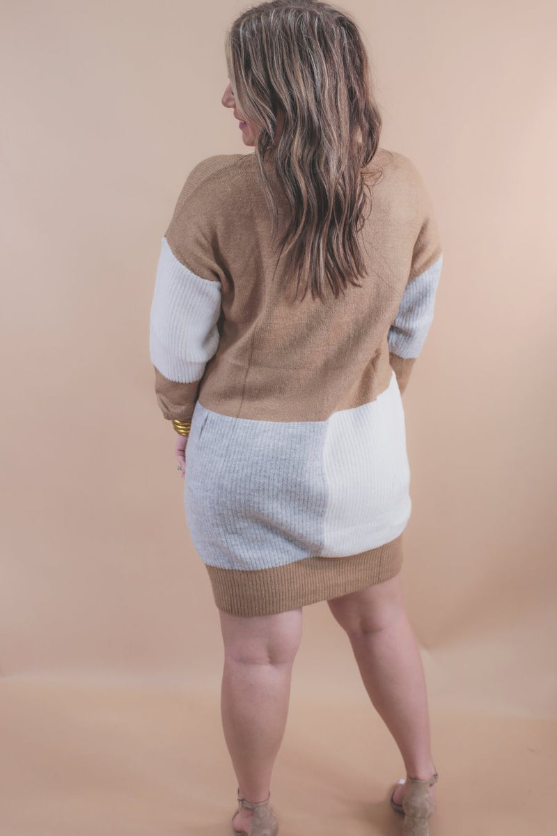 slouchy cuffed long-sleeve mid length dress with a round neckline, an all over ribbed texture, and a tricolor block of heather gray, ivory, and mocha