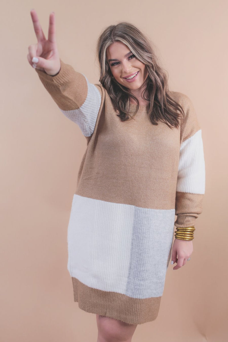 slouchy cuffed long-sleeve mid length dress with a round neckline, an all over ribbed texture, and a tricolor block of heather gray, ivory, and mocha