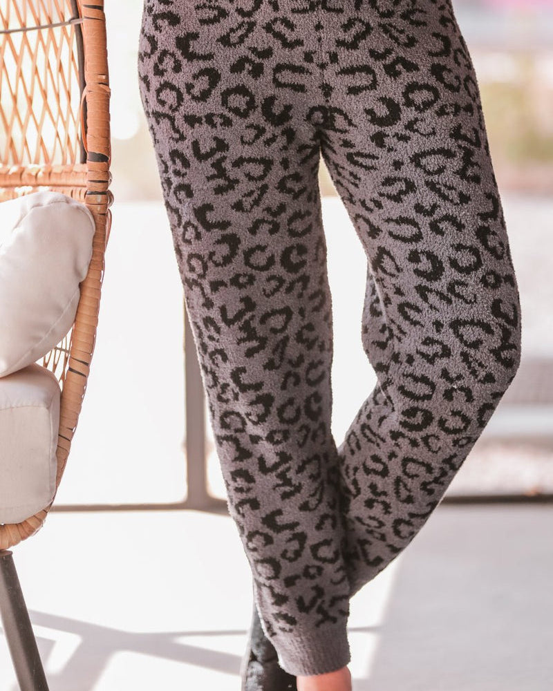 super soft leopard fabric joggers with an elastic waistband and a slim fit