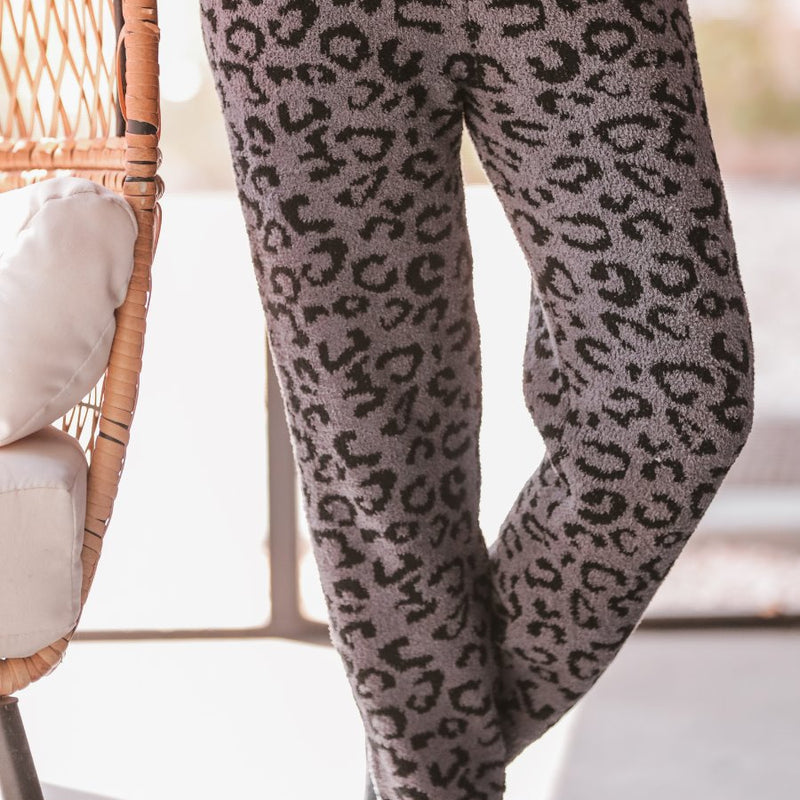 super soft leopard fabric joggers with an elastic waistband and a slim fit