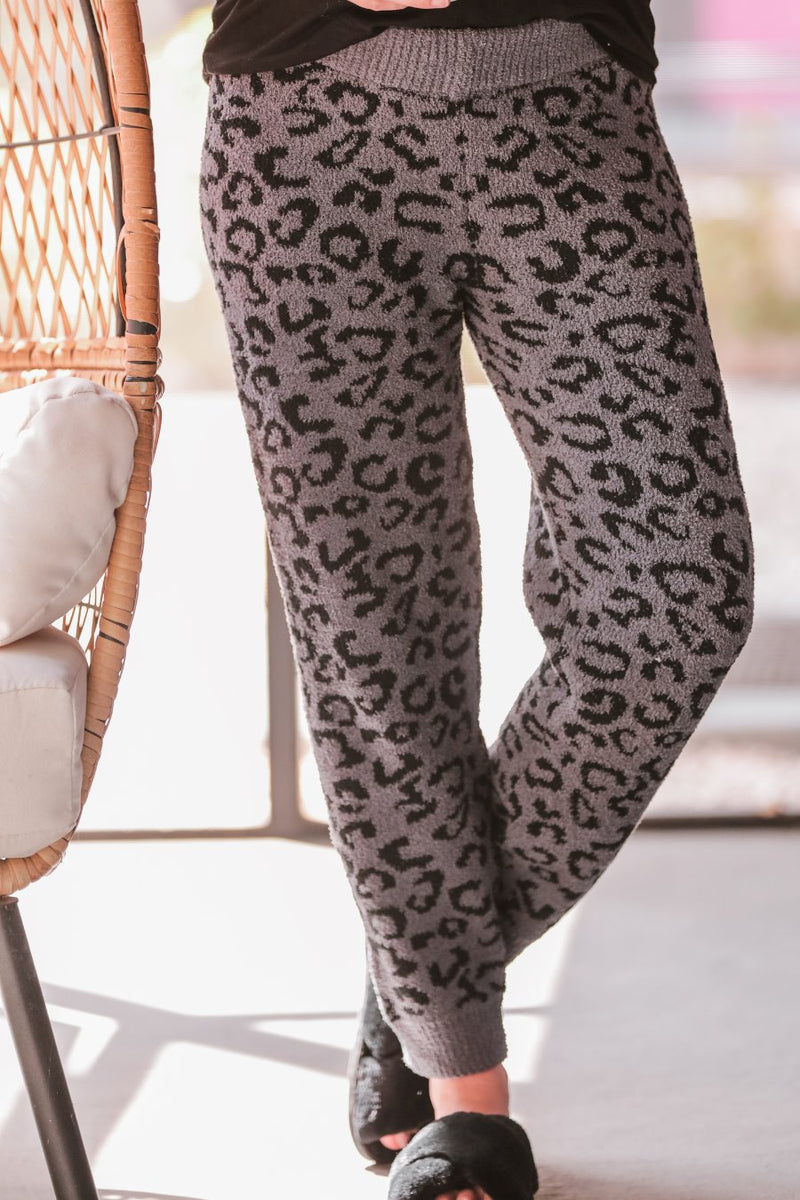 super soft leopard fabric joggers with an elastic waistband and a slim fit