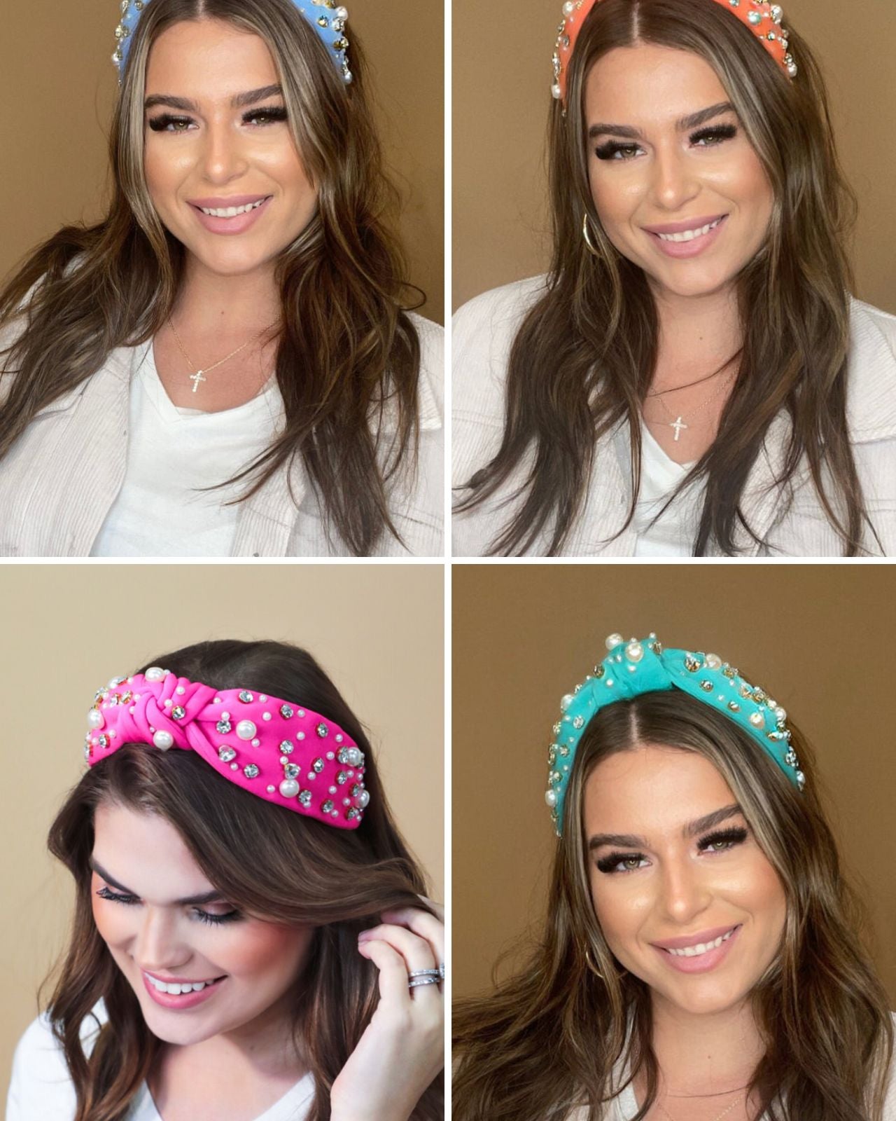 a twisted center knot headband with varying sizes of pearl and rhinestone detailing in blue, coral, pink, and teal
