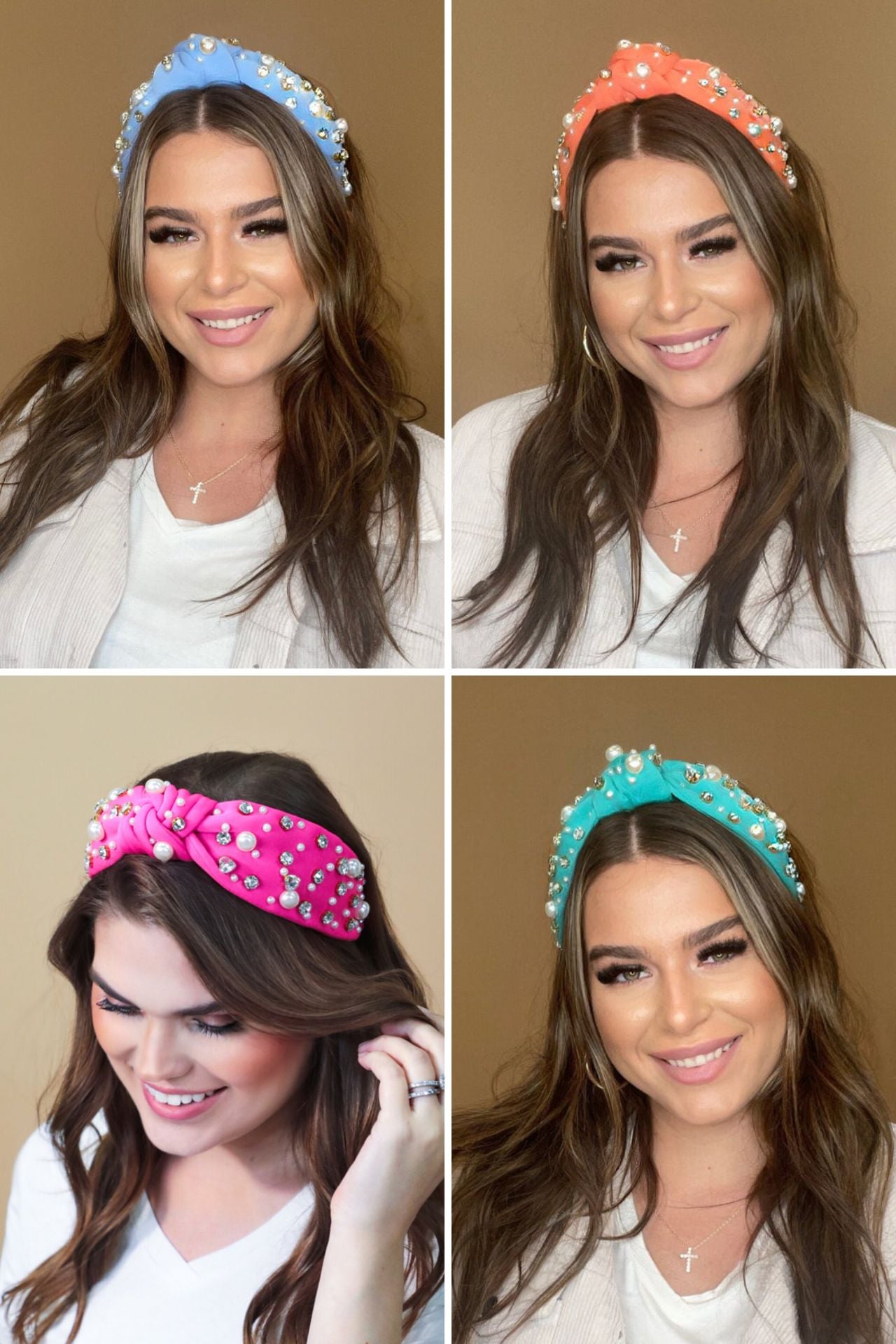 a twisted center knot headband with varying sizes of pearl and rhinestone detailing in blue, coral, pink, and teal