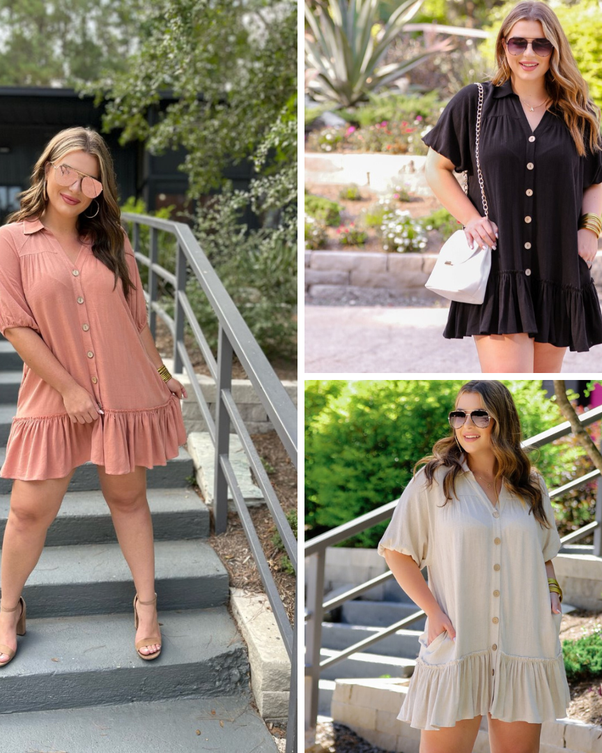 relaxed short-sleeve dress with a V-cut collar, full-button front closure, side pockets, and tiered ruffled hemline in apricot, black, and oatmeal