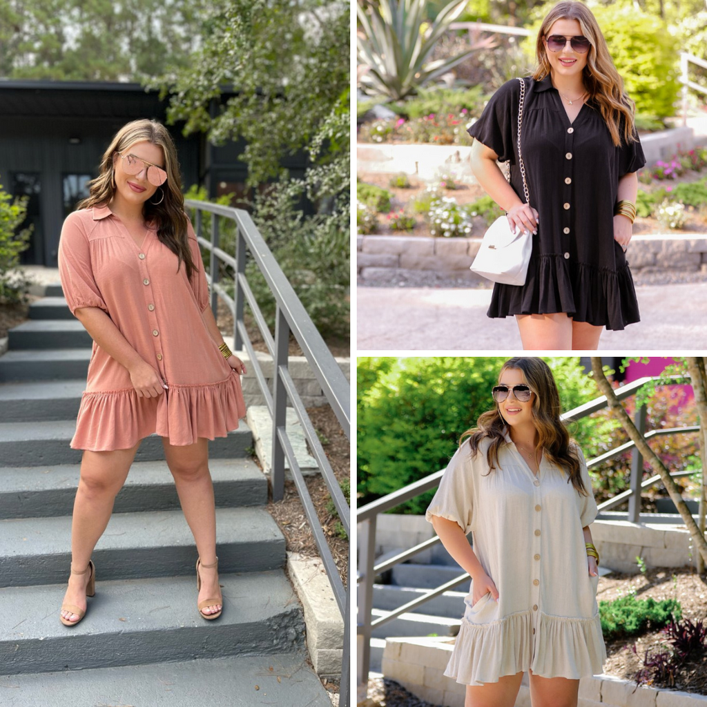 button-up front, a collared v-cut neckline, loose half sleeves, side pockets, and a tiered ruffled hemline