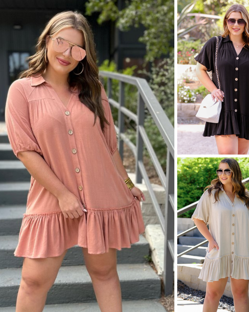relaxed short-sleeve dress with a V-cut collar, full-button front closure, side pockets, and tiered ruffled hemline in apricot, black, and oatmeal