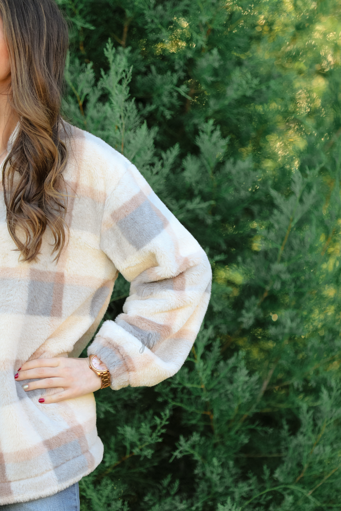 Penny Plaid Faux Fur Pullover TAUPE (Taylor)