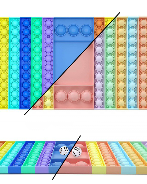 a silicone popper game board with a set of dice, a comfortable touch, a discreet popping sound, endlessly reusable bubbles, dishwasher-safe construction, and a portable design for on-the-go-play