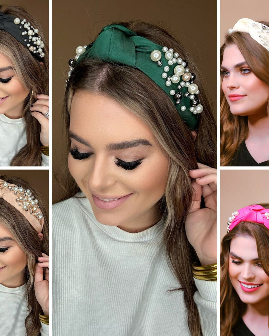 a twisted center knot headband with varying sizes of pearl detailing in black, champagne, green, ivory, and pink