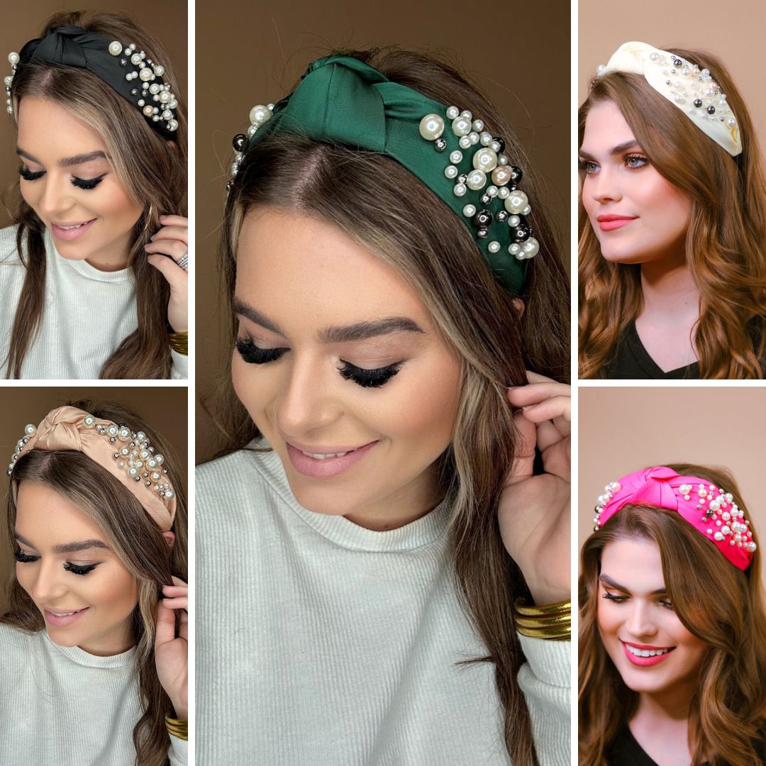 a twisted center knot headband with varying sizes of pearl detailing in black, champagne, green, ivory, and pink