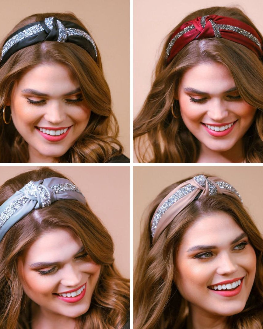 a twisted center knot with rhinestones lining the headband's center in black, burgundy, grey, and tan