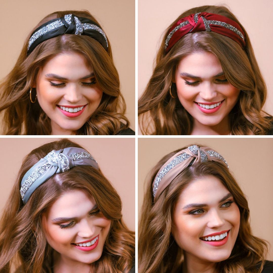 a twisted center knot with rhinestones lining the headband's center in black, burgundy, grey, and tan