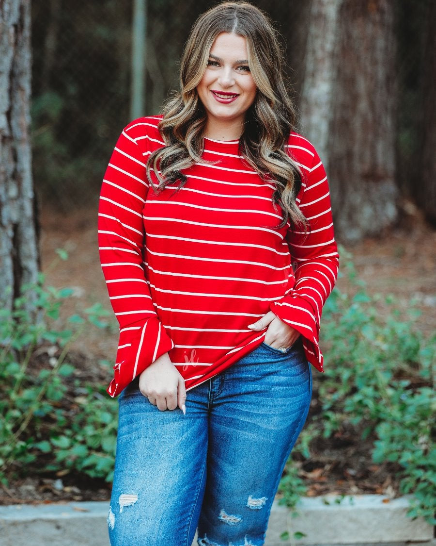 lightweight horizontal striped top with layered ruffle sleeves in red
