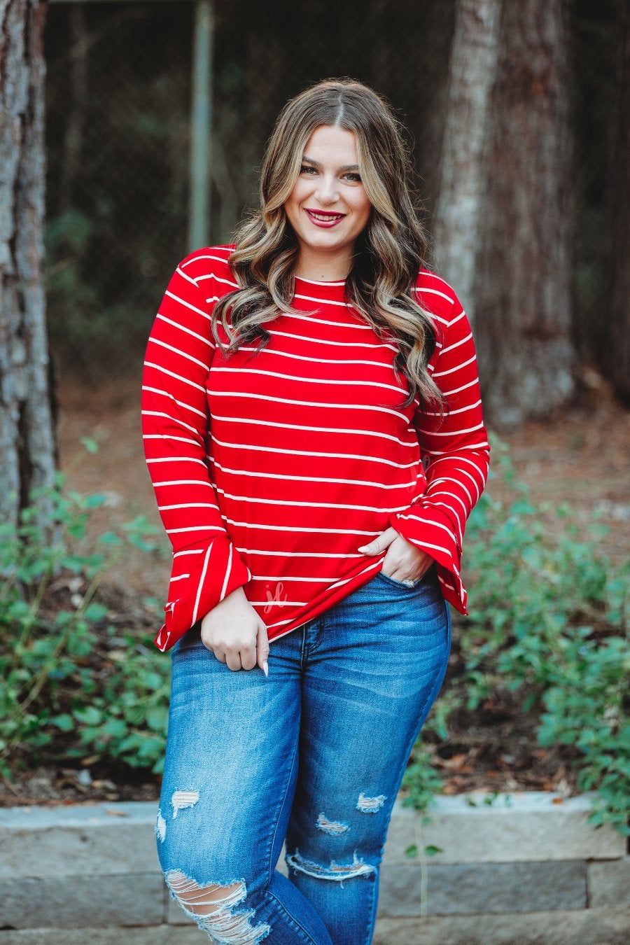 lightweight horizontal striped top with layered ruffle sleeves in red