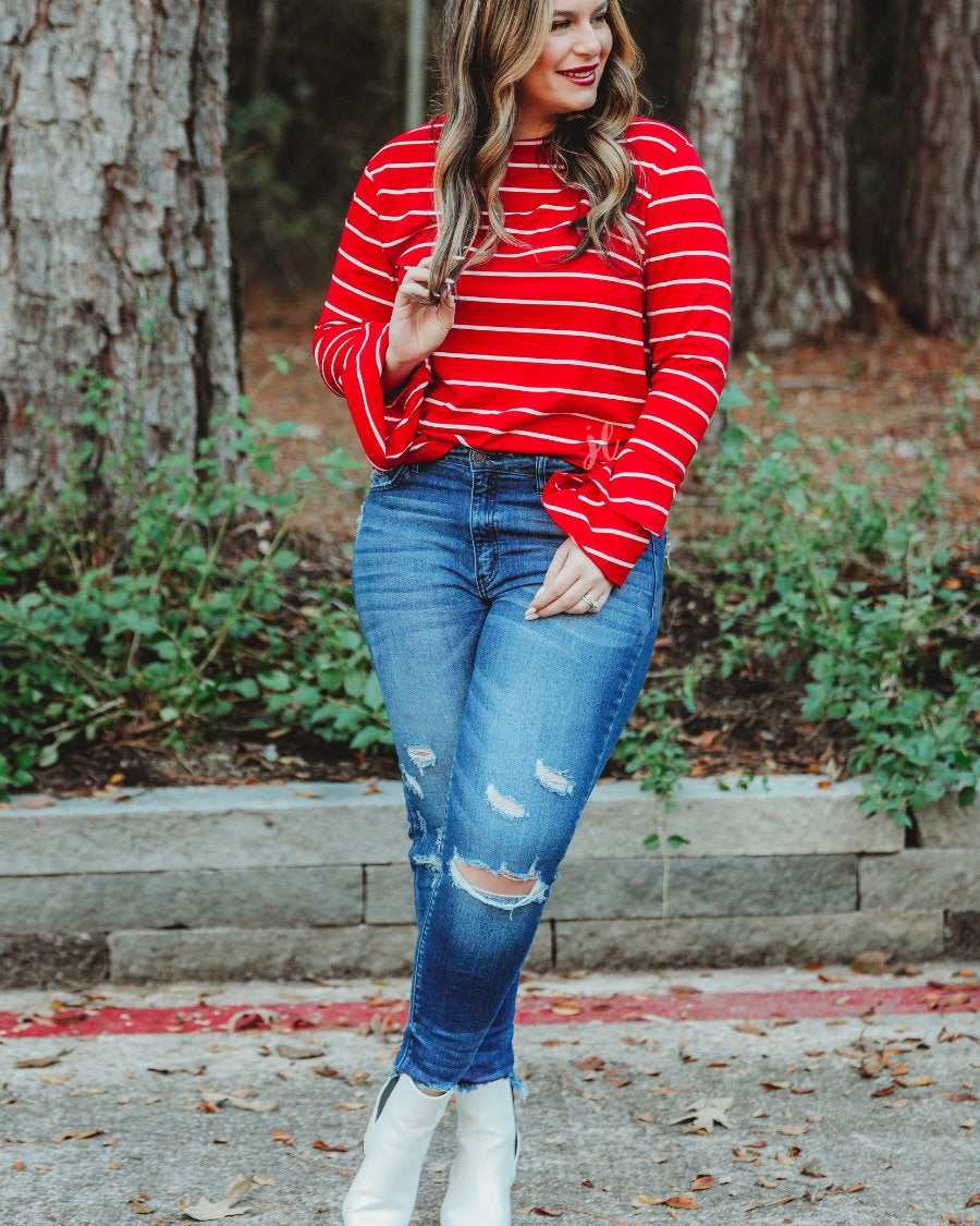 lightweight horizontal striped top with layered ruffle sleeves in red