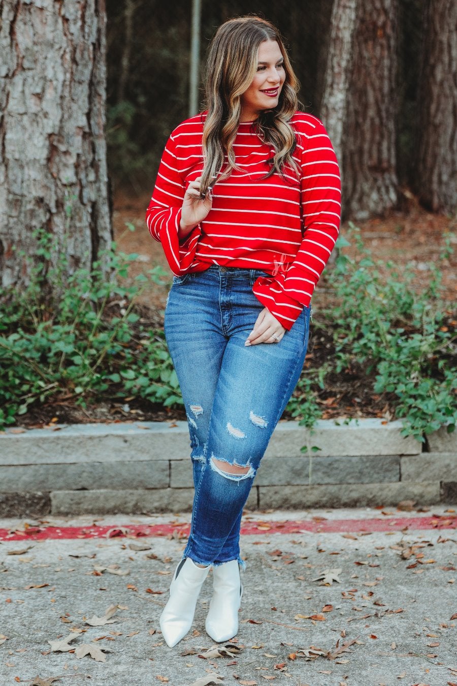 lightweight horizontal striped top with layered ruffle sleeves in red
