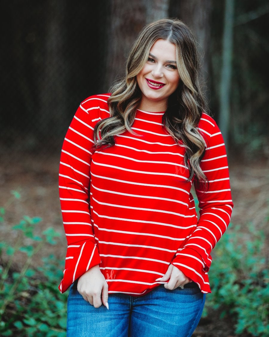 lightweight horizontal striped top with layered ruffle sleeves in red