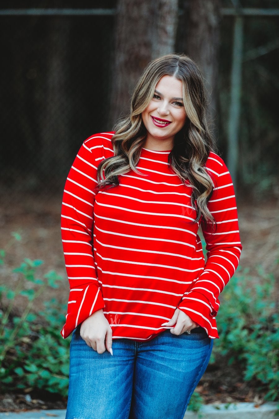 lightweight horizontal striped top with layered ruffle sleeves in red
