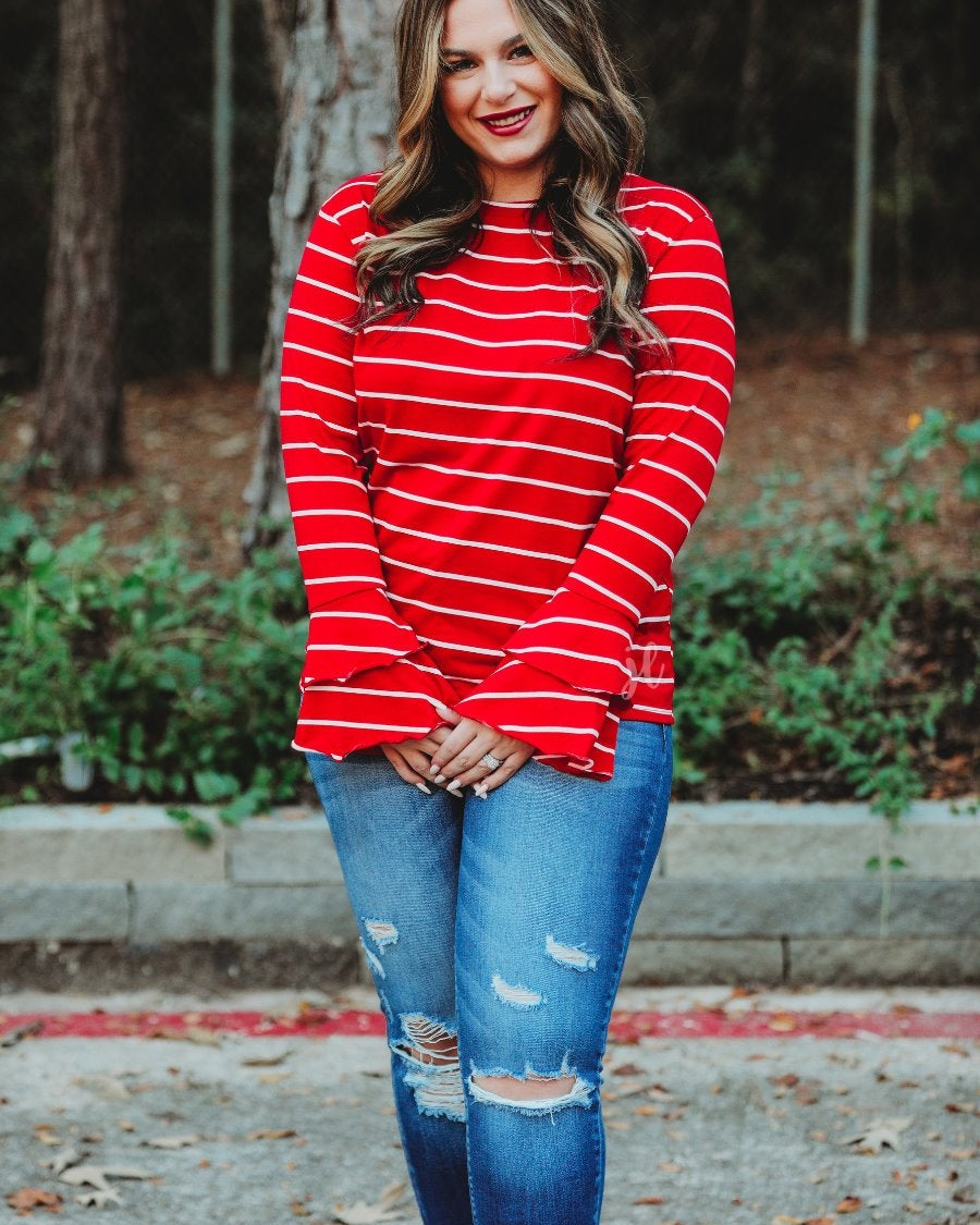 lightweight horizontal striped top with layered ruffle sleeves in red
