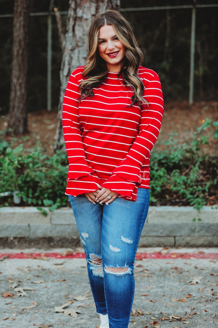 lightweight horizontal striped top with layered ruffle sleeves in red