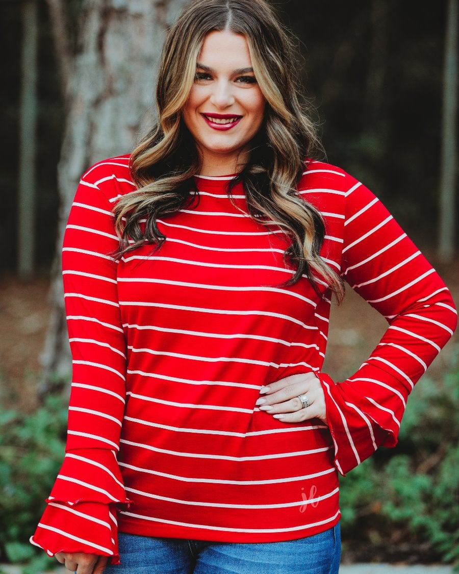 lightweight horizontal striped top with layered ruffle sleeves in red