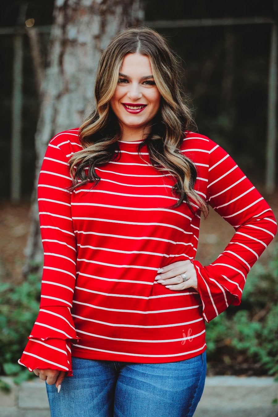 lightweight horizontal striped top with layered ruffle sleeves in red