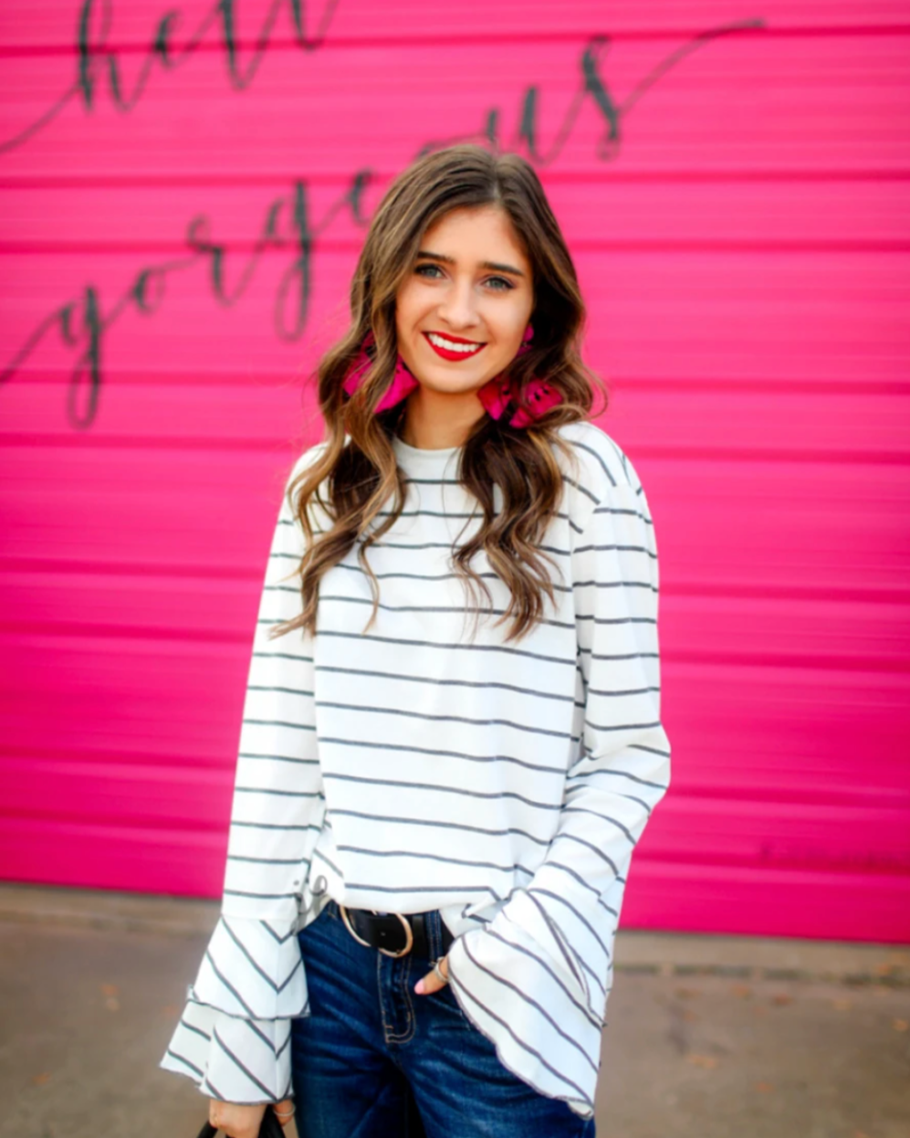 lightweight horizontal striped top with layered ruffle sleeves in white