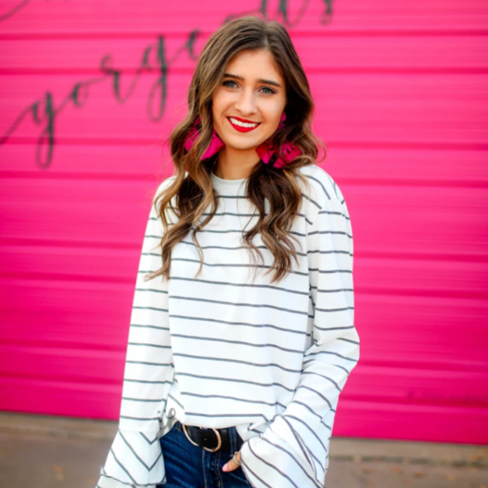 lightweight horizontal striped top with layered ruffle sleeves in white