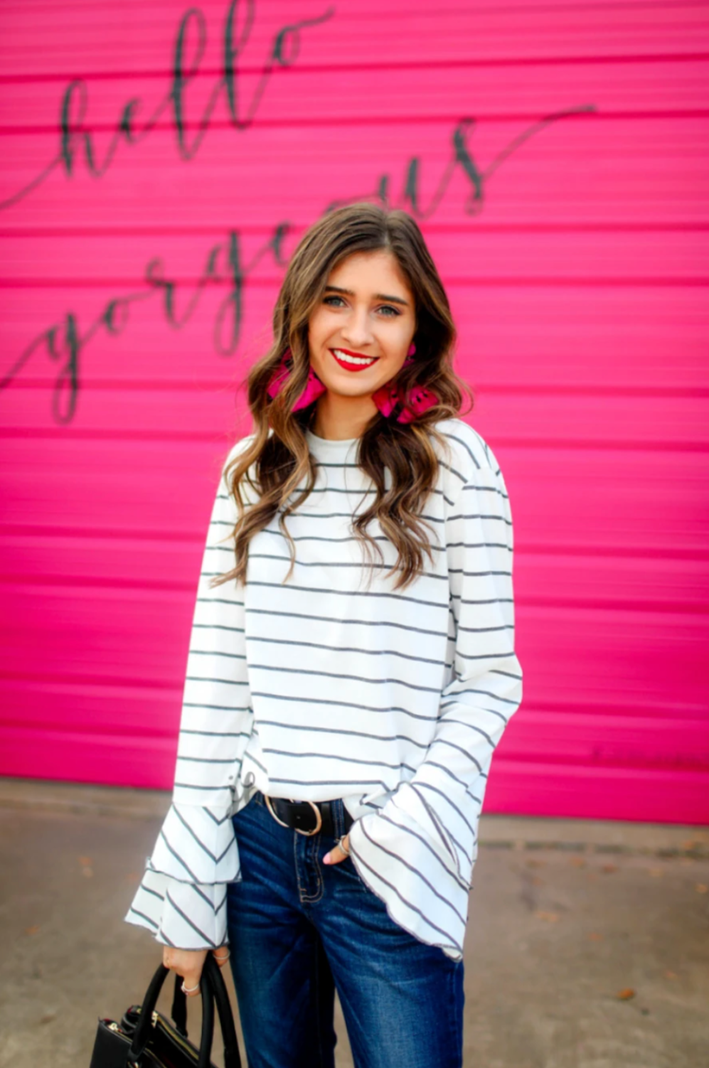 lightweight horizontal striped top with layered ruffle sleeves in white