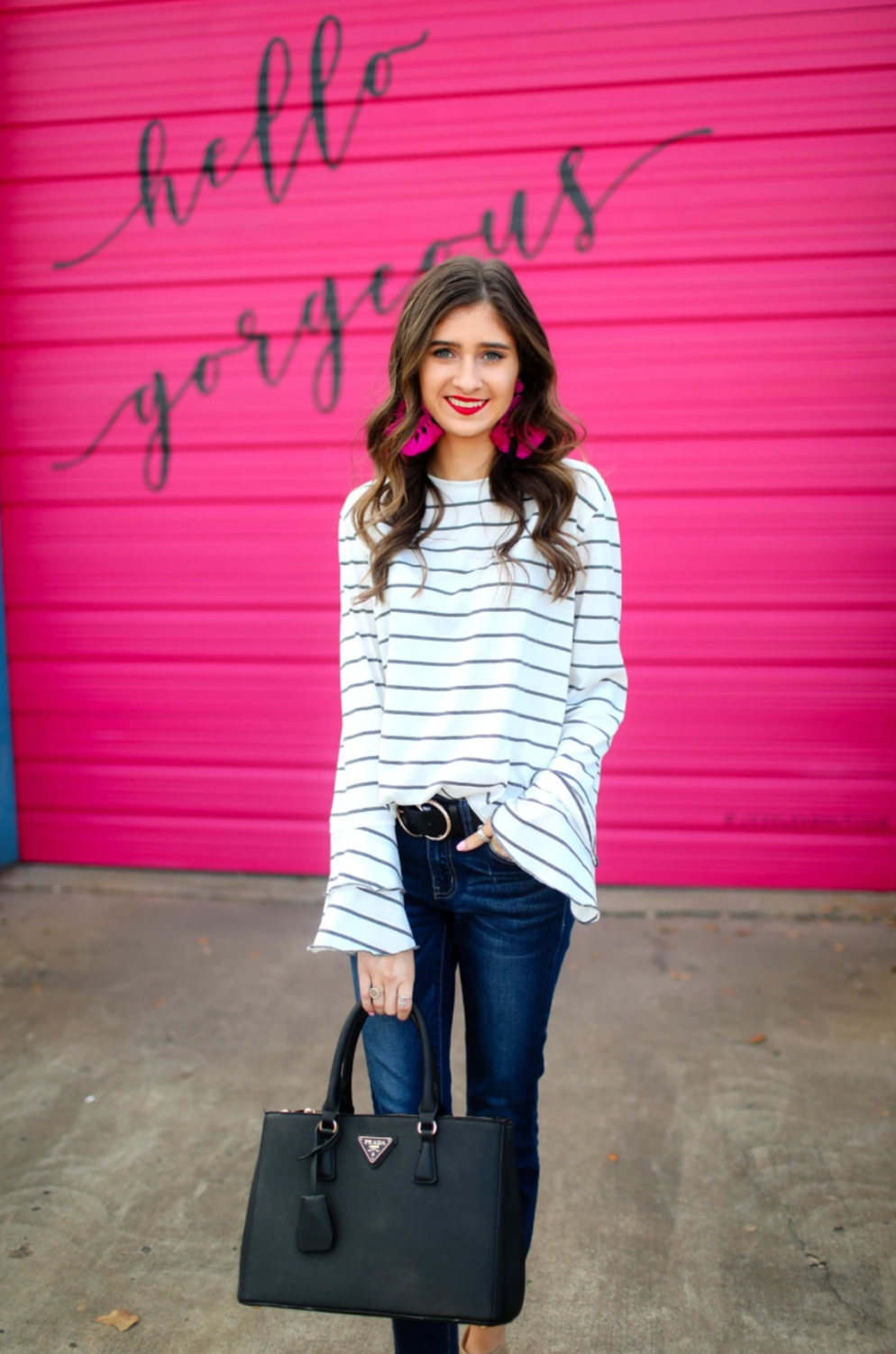 lightweight horizontal striped top with layered ruffle sleeves in white