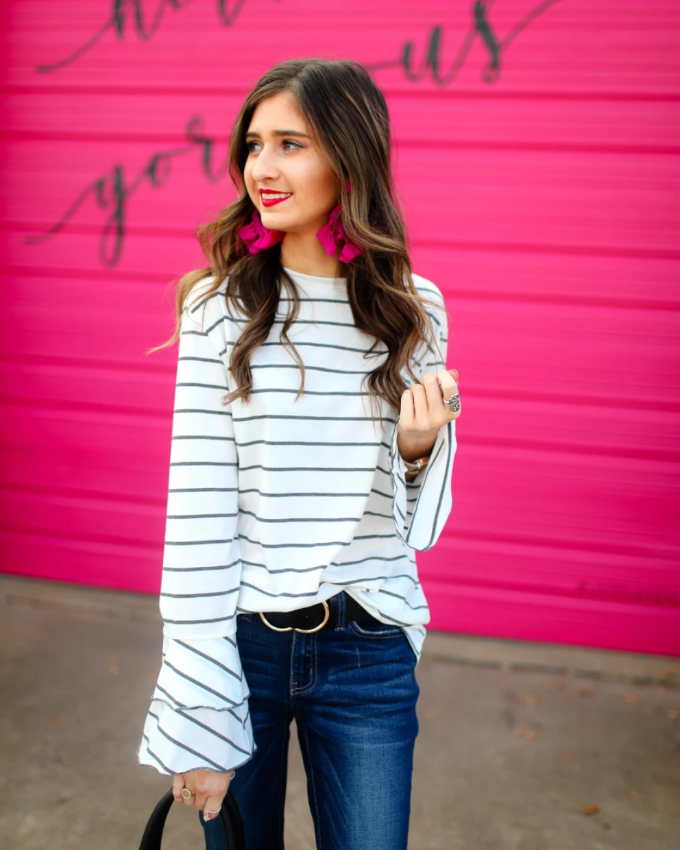lightweight horizontal striped top with layered ruffle sleeves in white