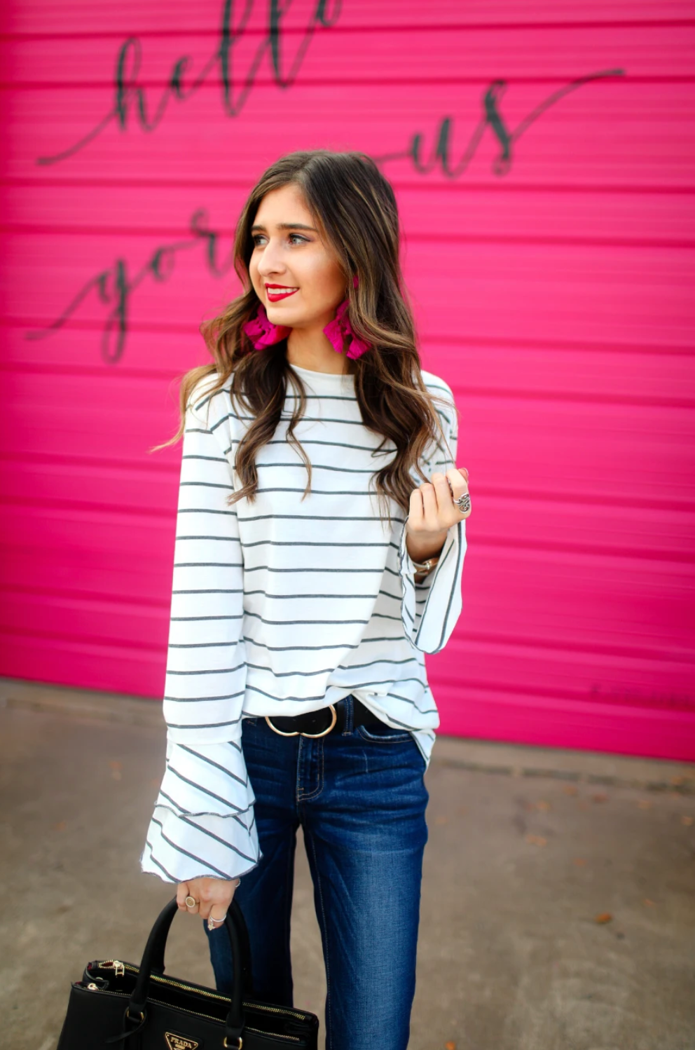 lightweight horizontal striped top with layered ruffle sleeves in white