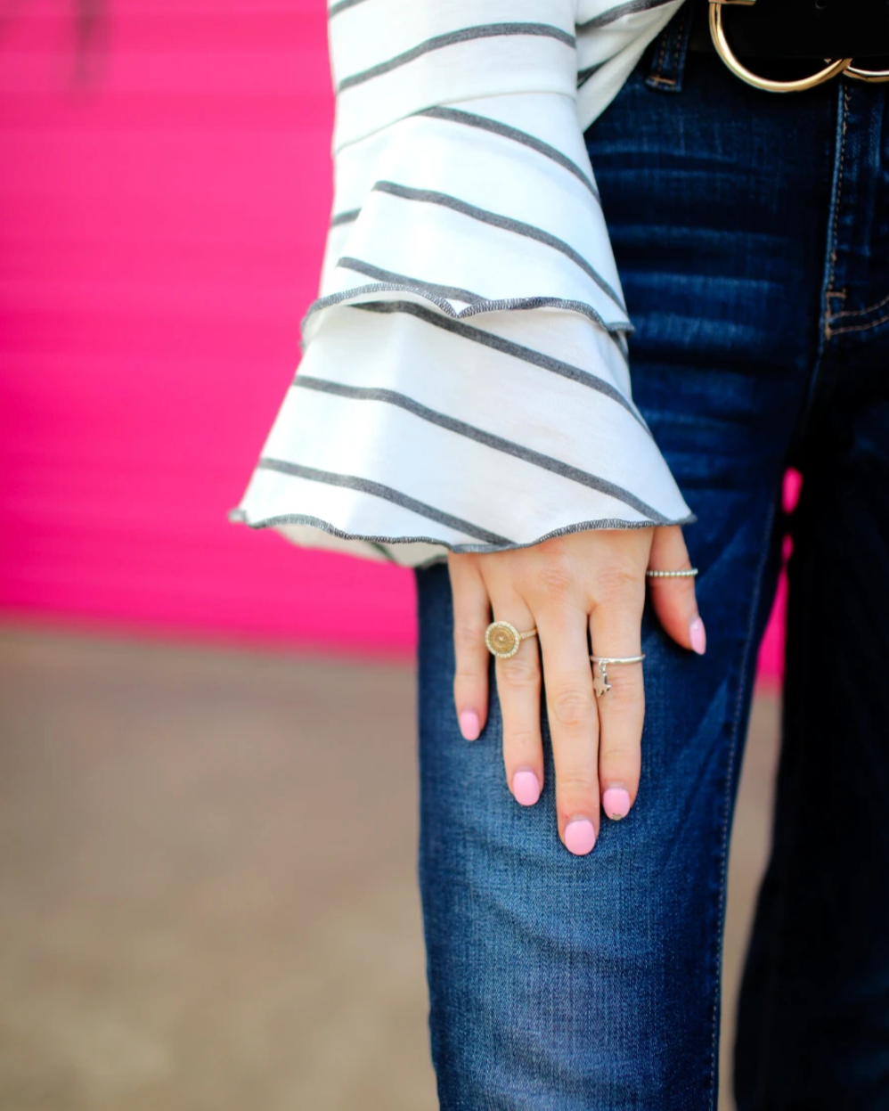 lightweight horizontal striped top with layered ruffle sleeves in white