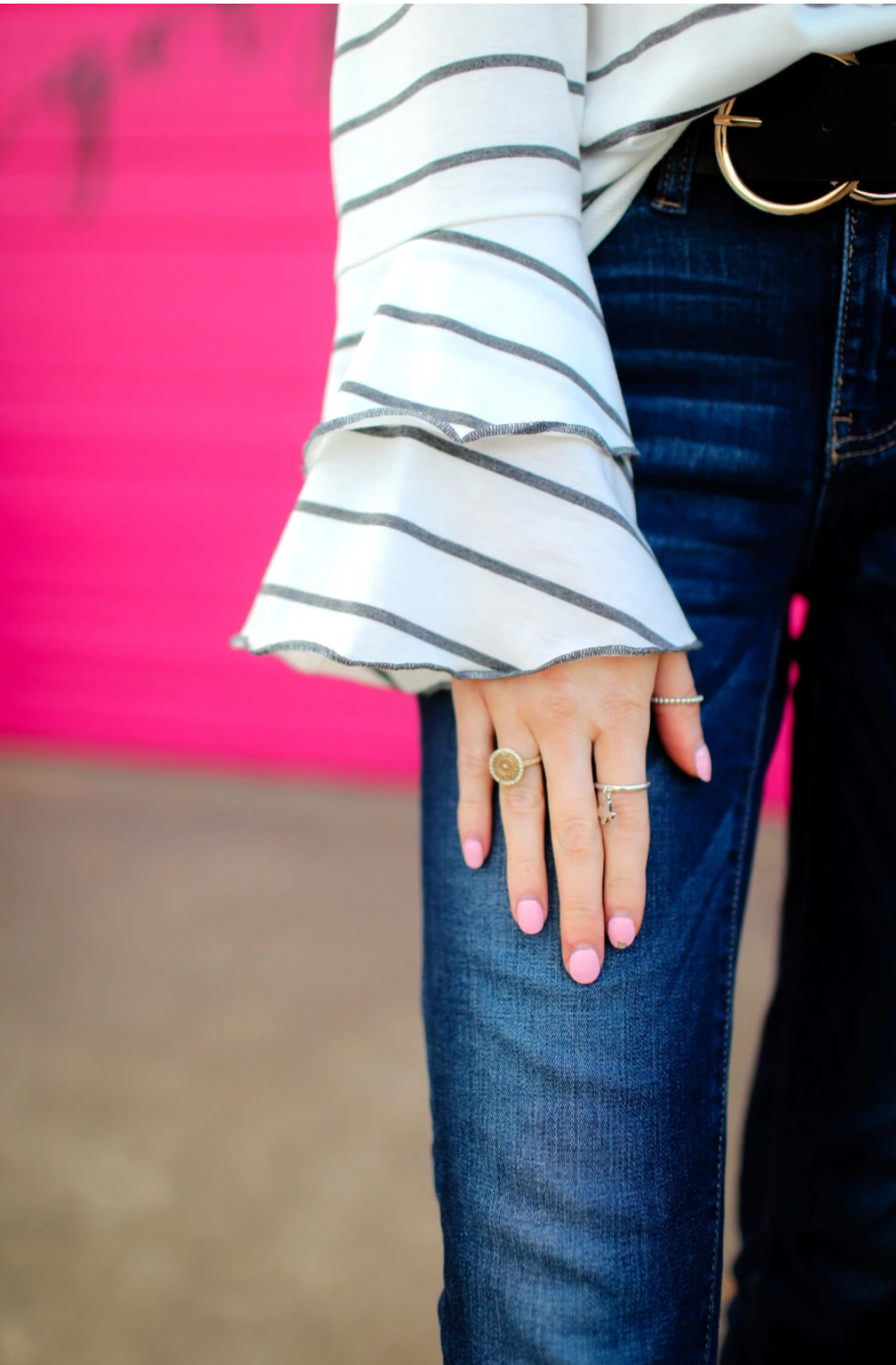 lightweight horizontal striped top with layered ruffle sleeves in white