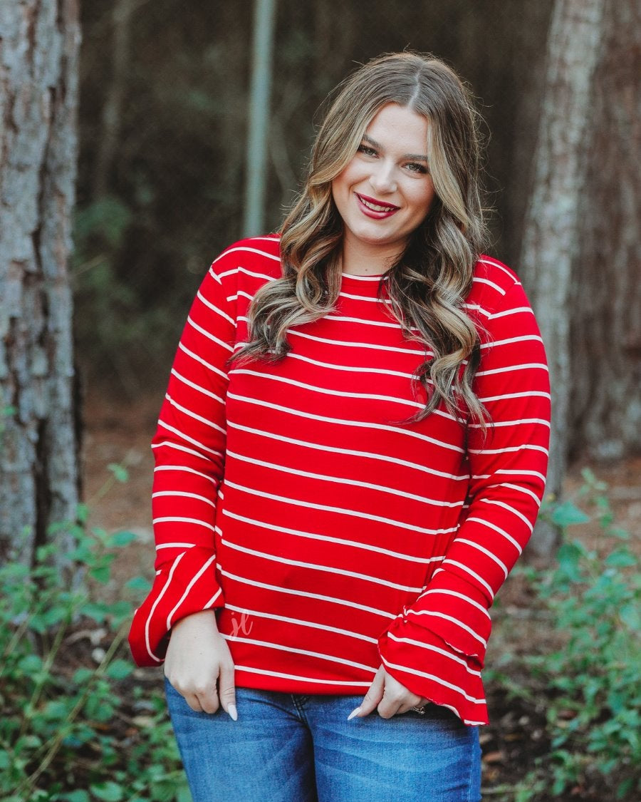 lightweight horizontal striped top with layered ruffle sleeves in red
