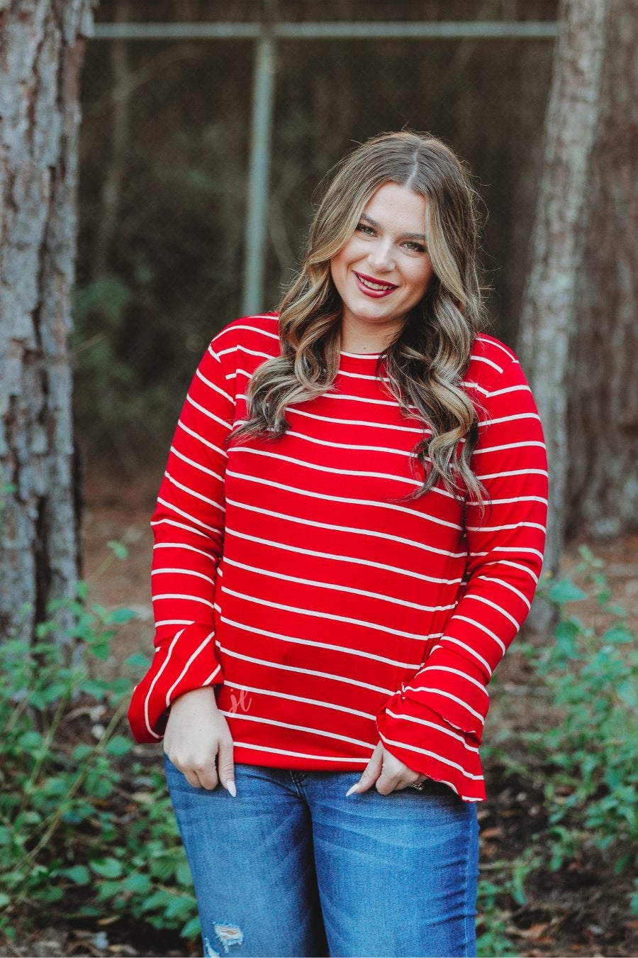 lightweight horizontal striped top with layered ruffle sleeves in red