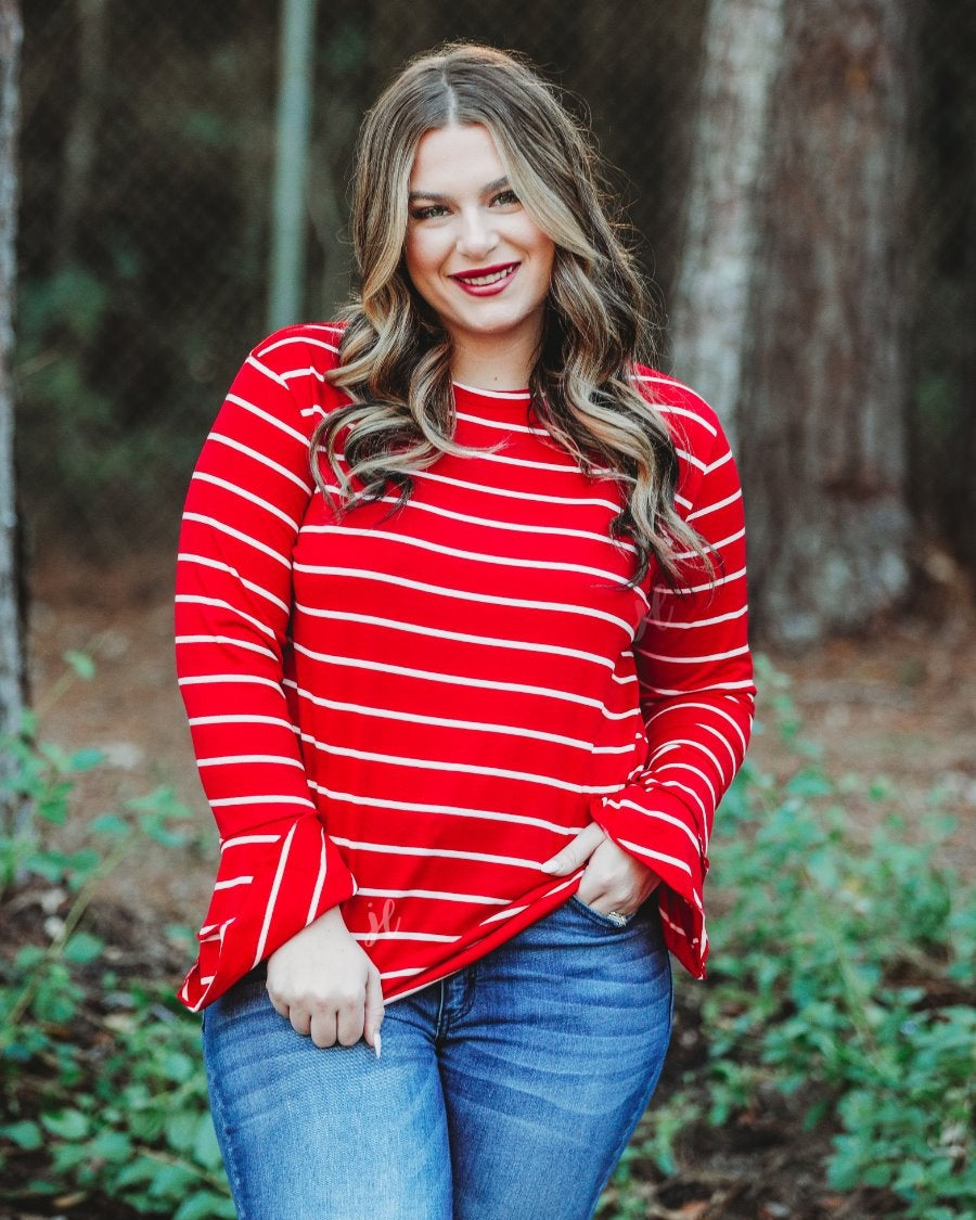 lightweight horizontal striped top with layered ruffle sleeves in red
