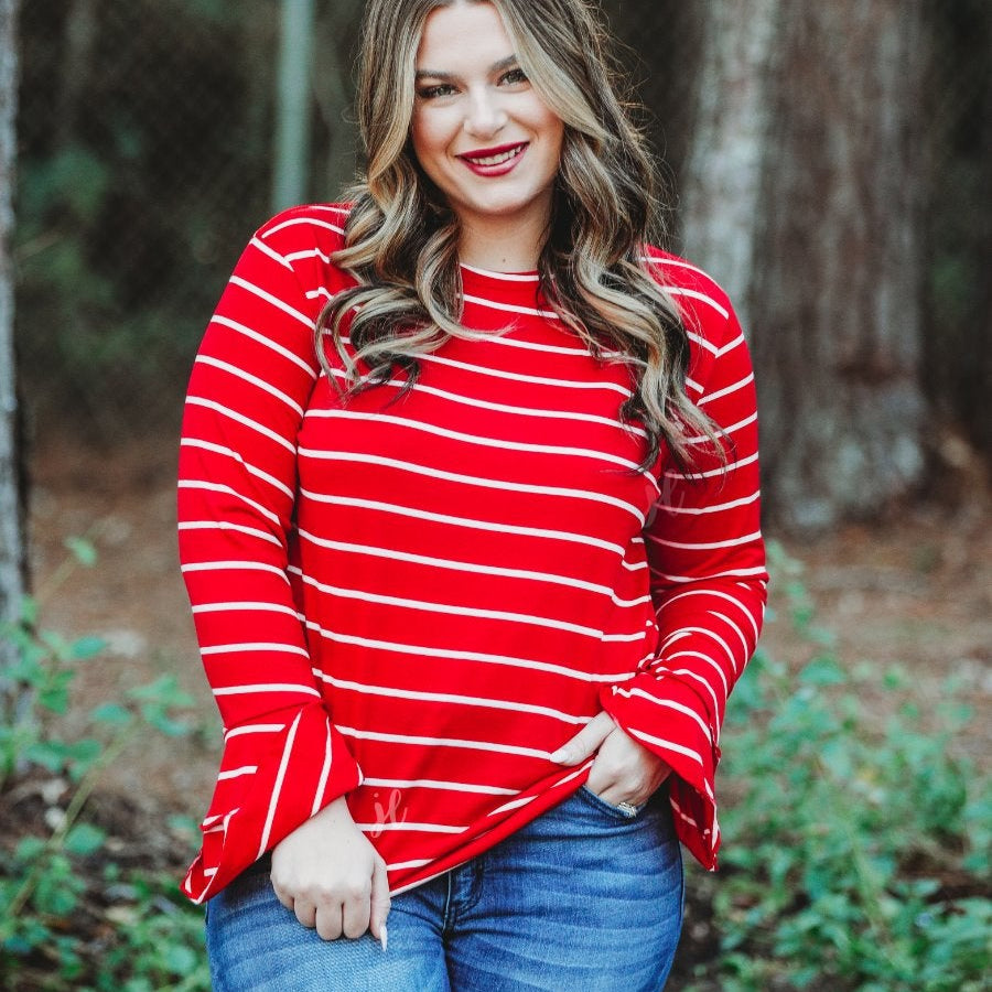 lightweight horizontal striped top with layered ruffle sleeves in red