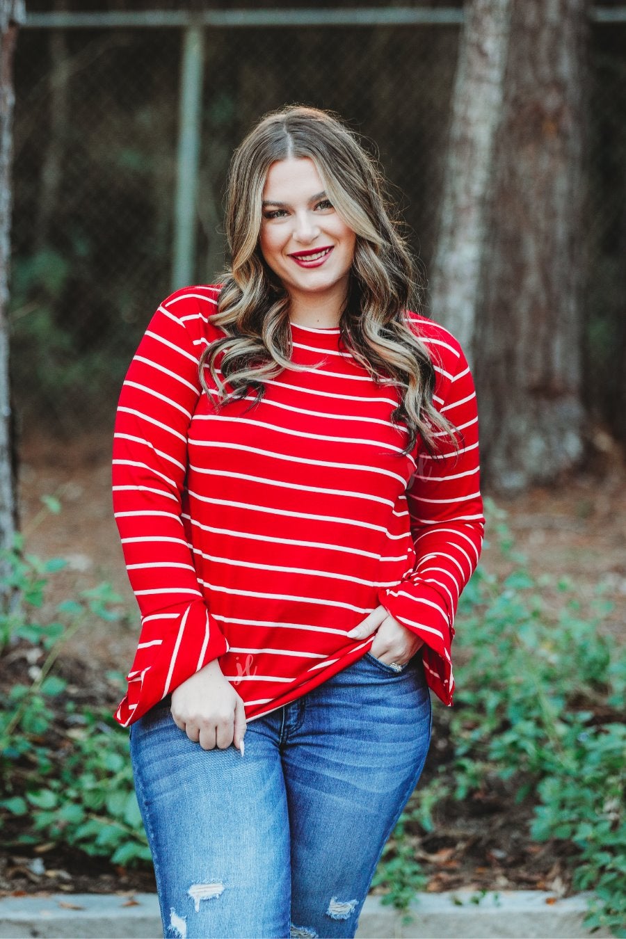 lightweight horizontal striped top with layered ruffle sleeves in red