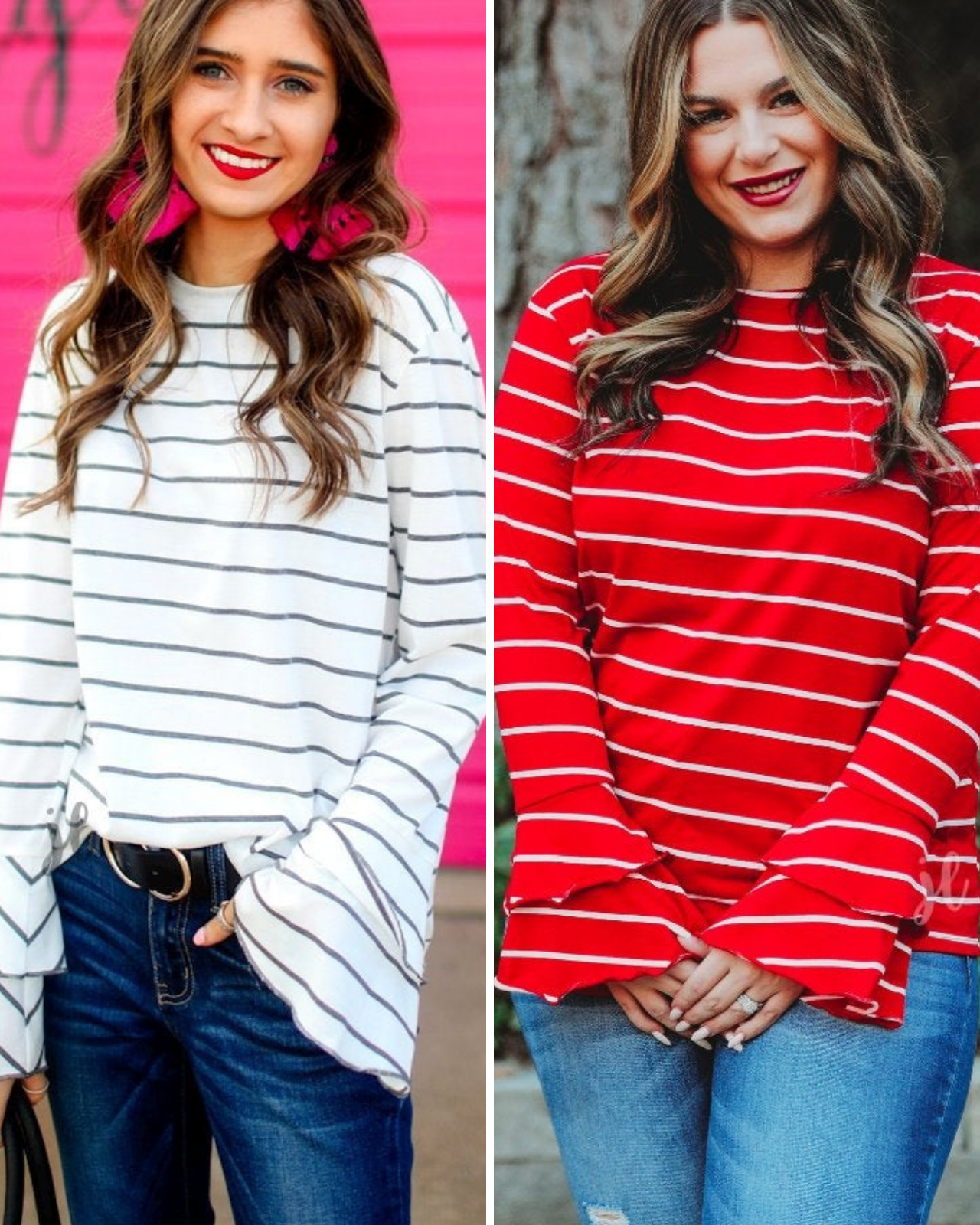 lightweight horizontal striped top with layered ruffle sleeves in white and red