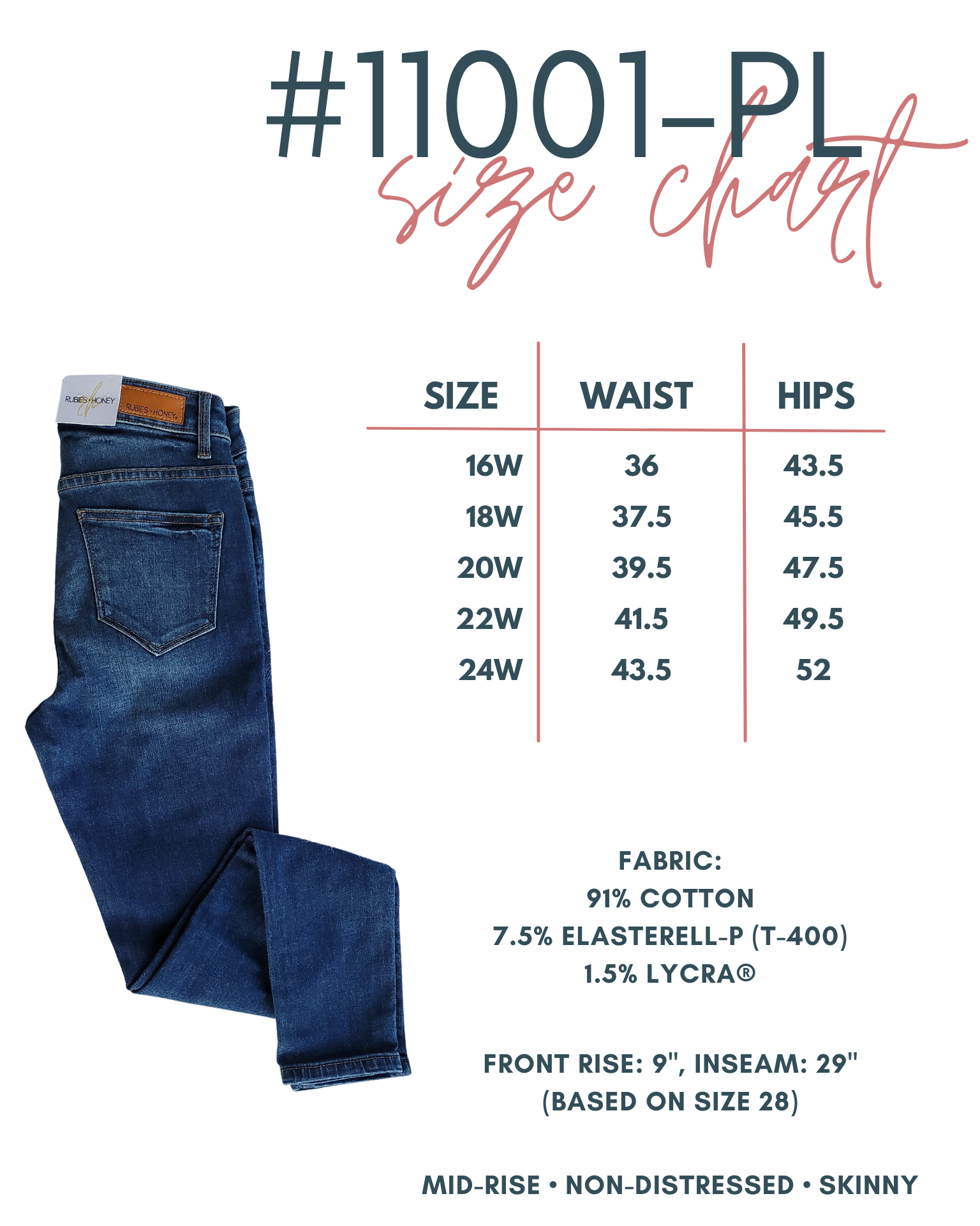 Mid-Rise Non-Distressed Dark Wash Skinny Jeans SIZE CHART for PLUS SIZE