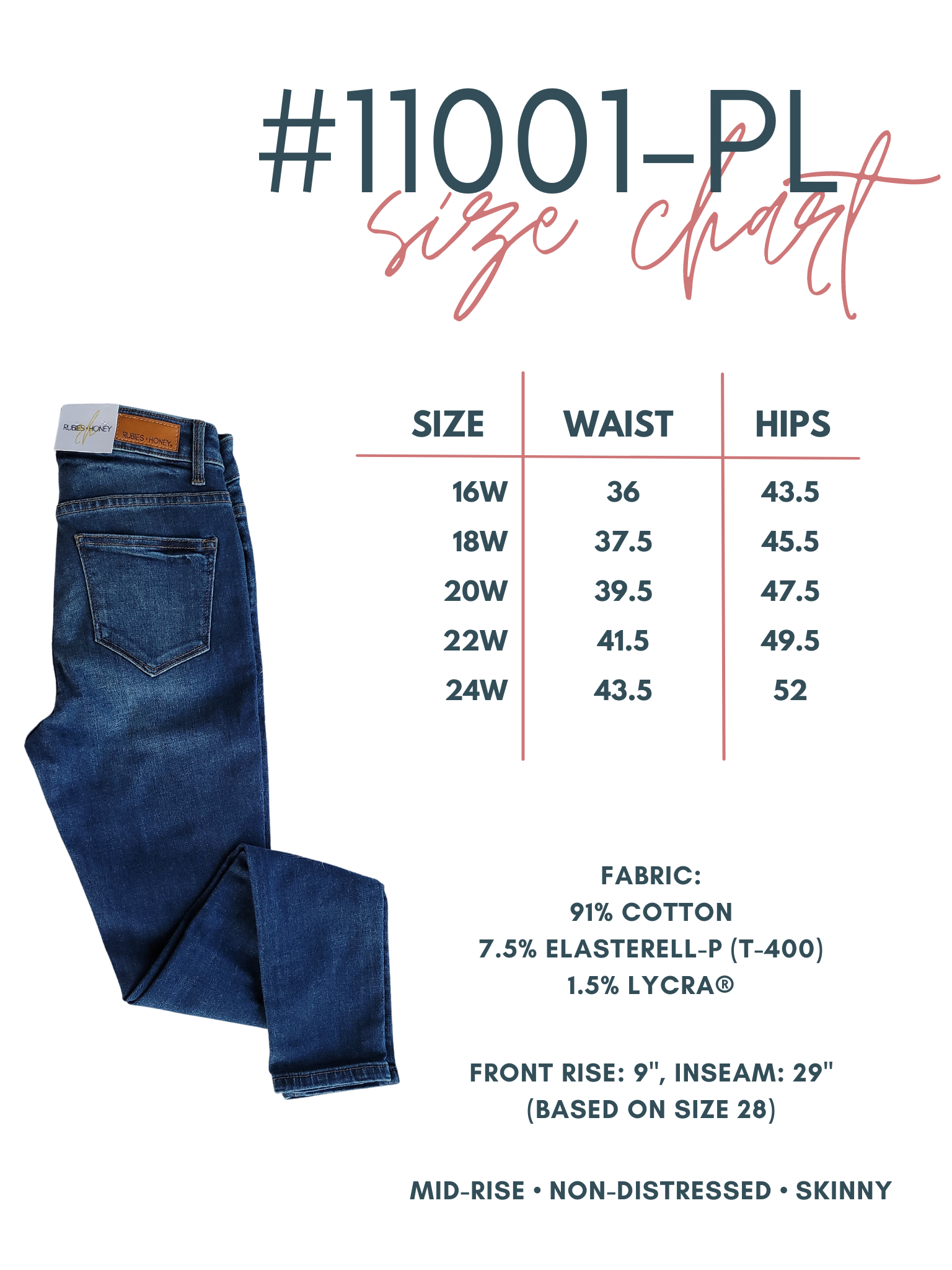 Mid-Rise Non-Distressed Dark Wash Skinny Jeans SIZE CHART for PLUS SIZE