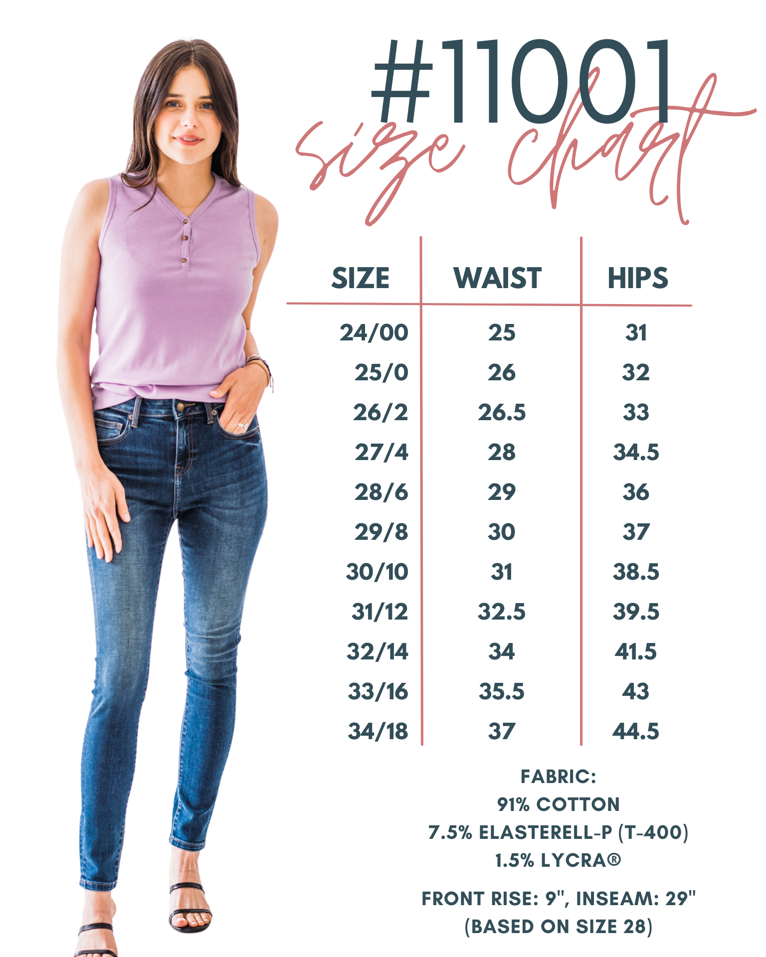 Mid-Rise Non-Distressed Dark Wash Skinny Jeans SIZE CHART with VICTORIA